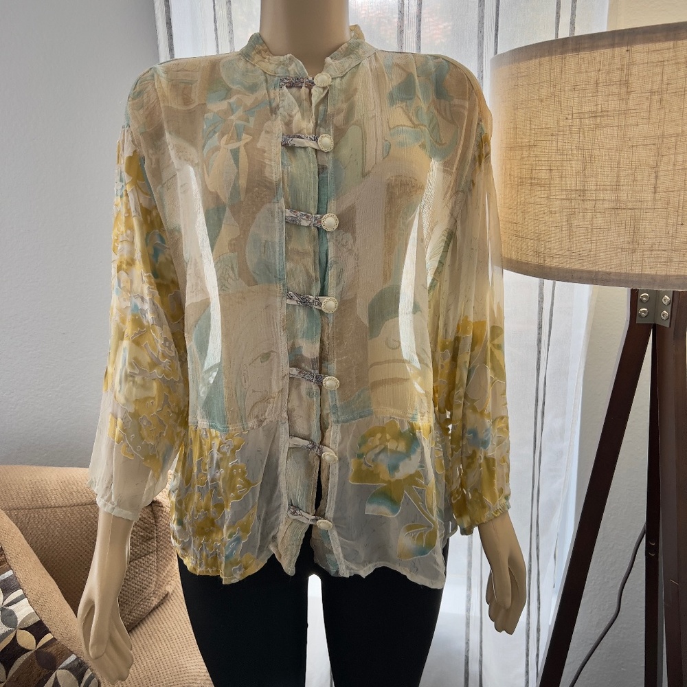 URU Vintage Silk Velvet Sheer Tunic Blouse One Size Artsy Boho Button Top